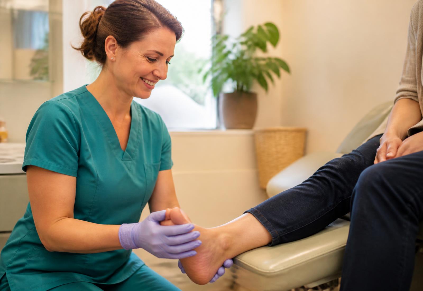 Chiropodist assessing a patient's foot