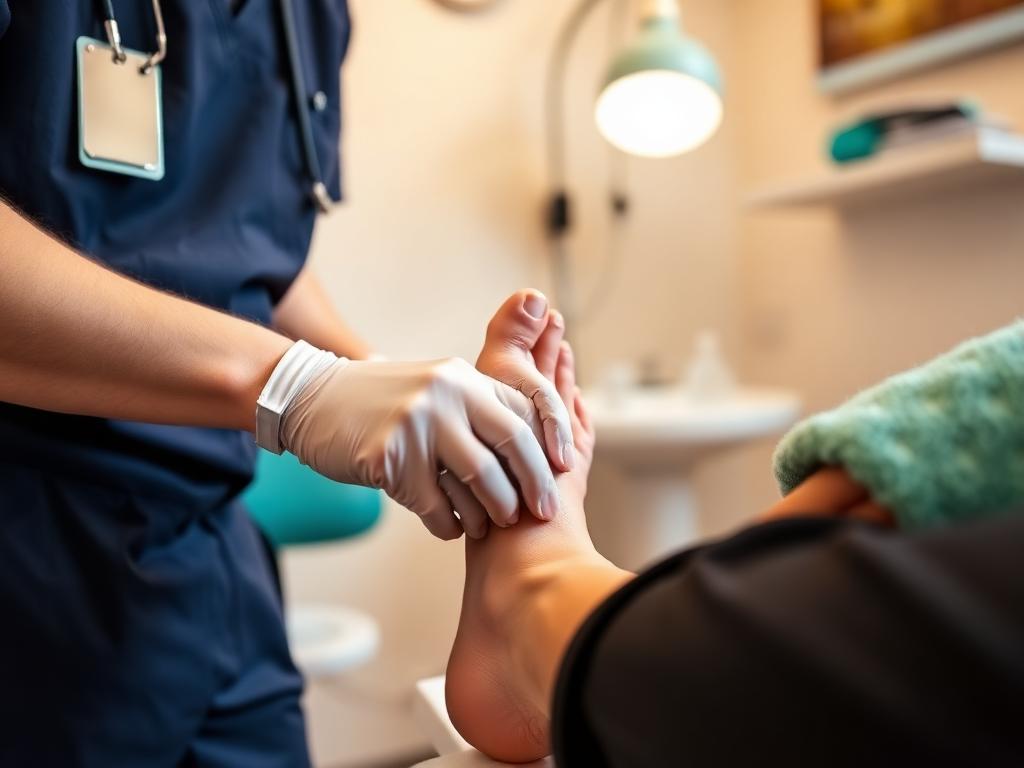 Chiropodist examining a patient's foot in the treatment room