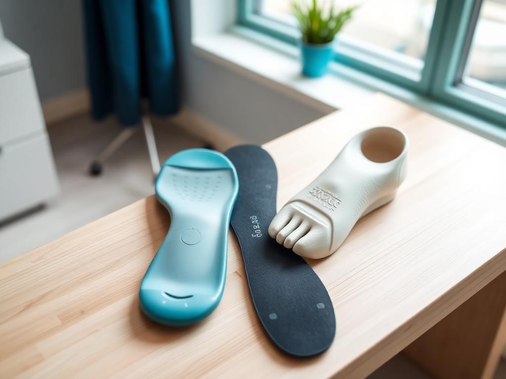 Custom orthotic insoles and a plaster foot cast on a bench