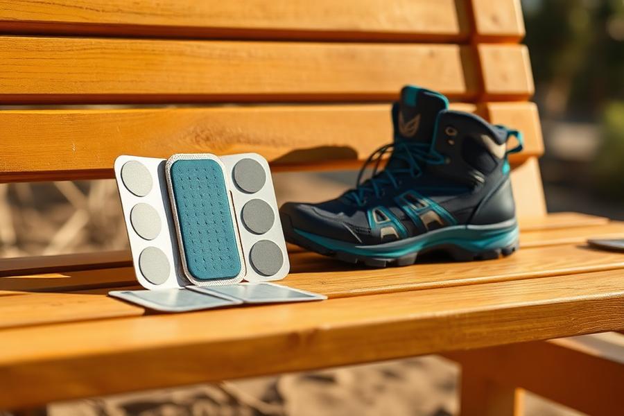 Blister dressings and padding beside walking boots