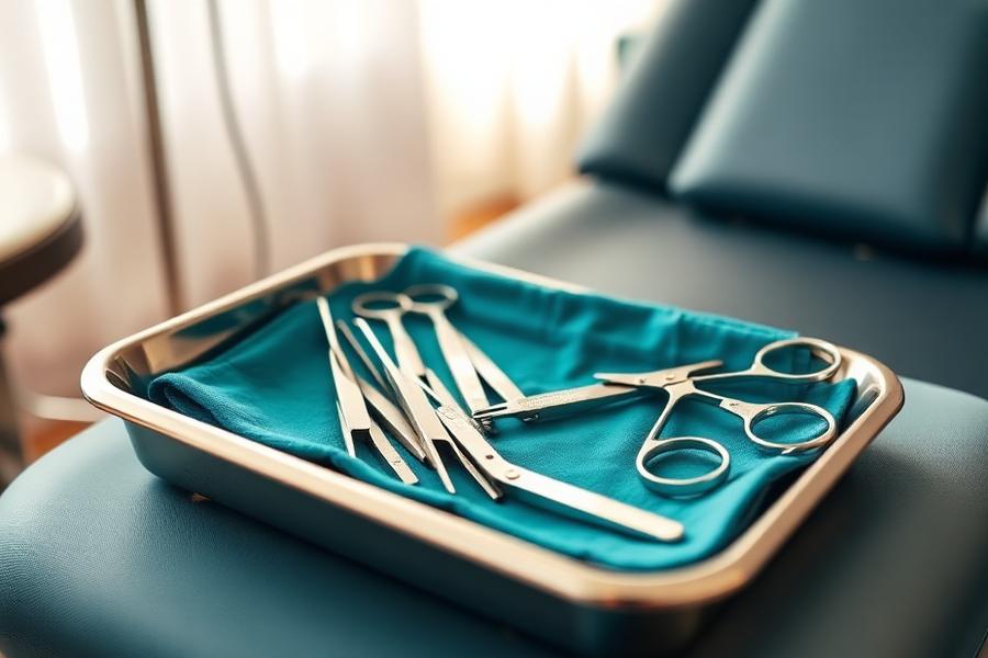Sterilised chiropody instruments on a treatment tray