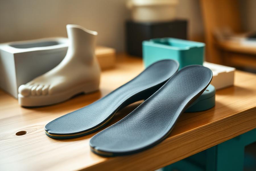 Custom orthotic insoles beside a plaster foot cast